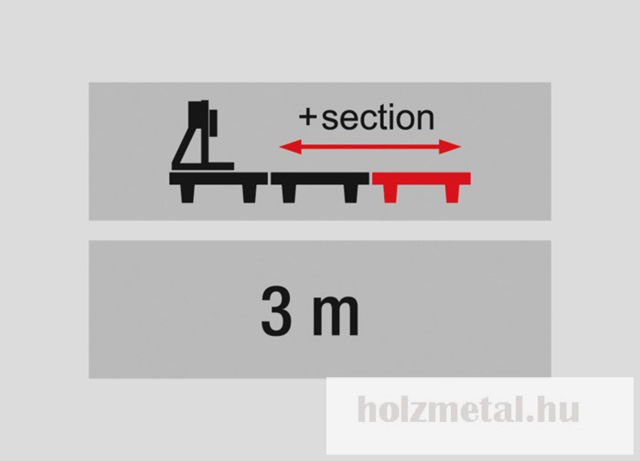 Hosszabbító szakasz 3 m
- tartalmaz 1x dönthető rönktámaszt
- A bővítő szakasz számos csatlakozási ponttal van felszerelve a hidraulikus berendezések felszereléséhez. Ez biztosítja az elhelyezés variálhatóságát a vágott anyag szempontjából.